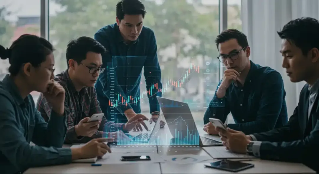 Inversores analizando gráficos de precios de altcoins en una pantalla holográfica, debatiendo el impacto de las políticas regulatorias estadounidenses.