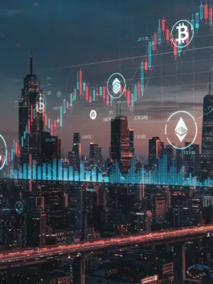 Gráfico digital con símbolos de criptomonedas y barras que indican fluctuaciones de precios, con el Capitolio de EE. UU. al fondo, simbolizando el impacto regulatorio en altcoins.