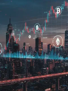 Gráfico digital con símbolos de criptomonedas y barras que indican fluctuaciones de precios, con el Capitolio de EE. UU. al fondo, simbolizando el impacto regulatorio en altcoins.