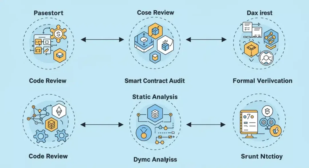 Fases clave de la auditoría de smart contracts: revisión de código, análisis estático, dinámico y verificación formal.
