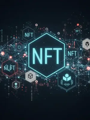 Arte digital futurista de NFTs y blockchain, con líneas luminosas que simbolizan transacciones seguras y descentralizadas.