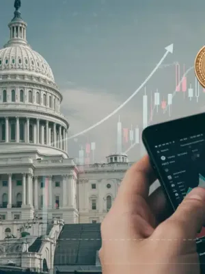 Gráfico de criptomonedas volátil sobre un fondo de indicadores económicos de Estados Unidos y el Capitolio.