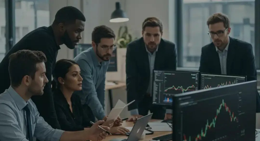 Expertos financieros analizando datos de mercado y criptomonedas.