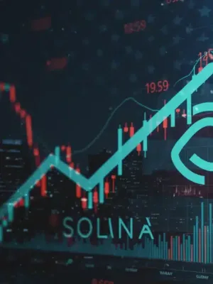 Gráfico de predicción de precio de Solana para 2026 con elementos tecnológicos y financieros.