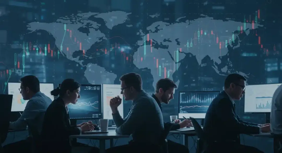 Inversores analizando gráficos de criptomonedas y discutiendo estrategias de inversión ante cambios económicos.