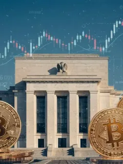 Gráfico digital de criptoactivos con el edificio de la Reserva Federal al fondo, simbolizando el impacto de la política Fed en las inversiones cripto.