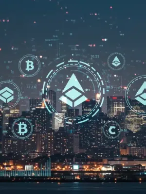 Paisaje urbano digital futurista con símbolos de criptomonedas, representando las tendencias de inversión institucional en EE. UU. para el primer semestre de 2026.