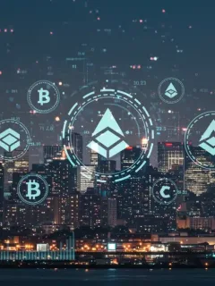 Paisaje urbano digital futurista con símbolos de criptomonedas, representando las tendencias de inversión institucional en EE. UU. para el primer semestre de 2026.