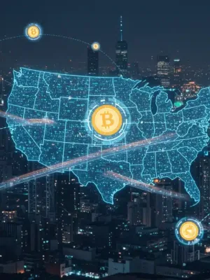 Representación visual de cómo los puentes blockchain conectan diferentes redes de cadena de bloques para transferir activos digitales en Estados Unidos.