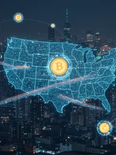 Representación visual de cómo los puentes blockchain conectan diferentes redes de cadena de bloques para transferir activos digitales en Estados Unidos.