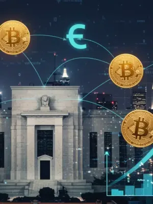 Edificio de la Reserva Federal con símbolos de criptomonedas y gráficos de tasas de interés al alza, reflejando el impacto en la economía de EE. UU.