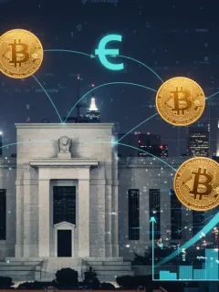 Edificio de la Reserva Federal con símbolos de criptomonedas y gráficos de tasas de interés al alza, reflejando el impacto en la economía de EE. UU.