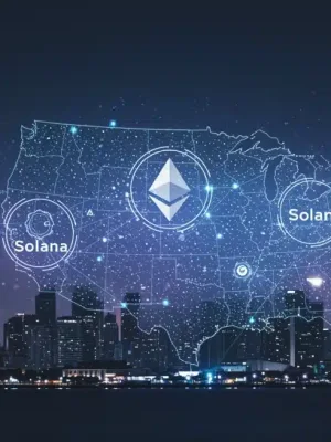 Redes blockchain escalables como Ethereum y Solana en un entorno digital futurista de Estados Unidos en 2026.