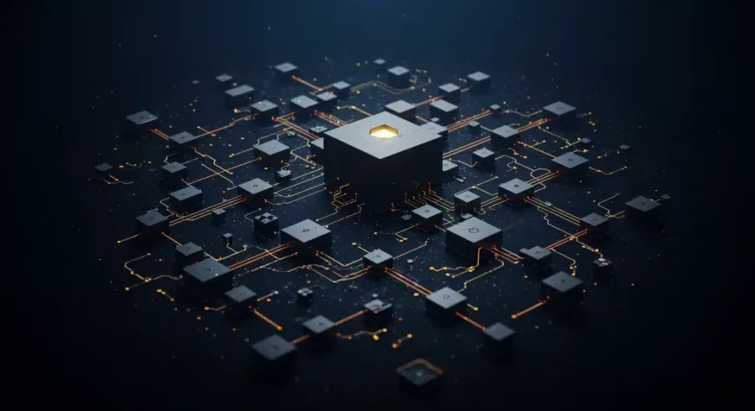 Red compleja de nodos y bloques interconectados, ilustrando el mecanismo de sharding de Ethereum 2.0 y su escalabilidad.