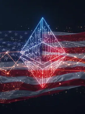 Representación futurista del logo de Ethereum y datos digitales, simbolizando la actualización Serenity y su impacto en las tarifas de transacción en EE. UU.