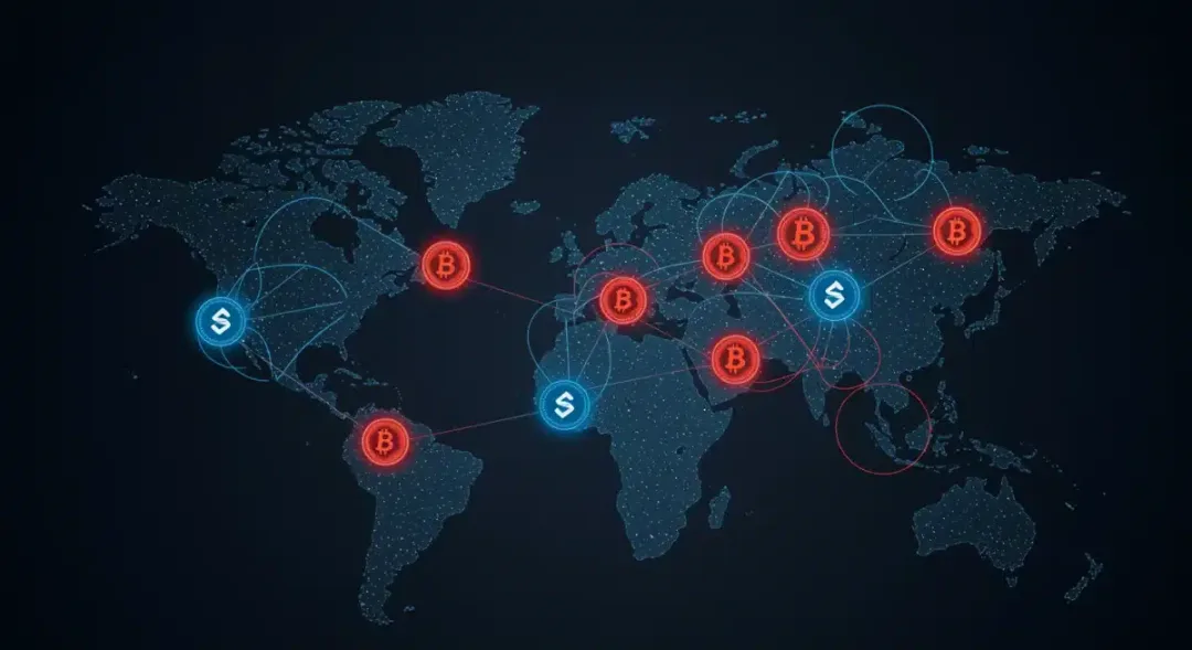 Diagrama de red que ilustra la interconexión de exchanges de criptomonedas y sistemas financieros, con puntos rojos indicando vulnerabilidades o ataques. Representa el riesgo sistémico.