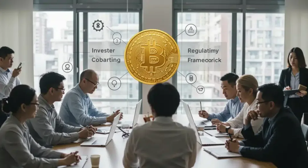 Grupo de inversores, reguladores y expertos en tecnología discutiendo activamente sobre seguridad cibernética y regulaciones para exchanges de criptomonedas. Simboliza la búsqueda de soluciones proactivas.