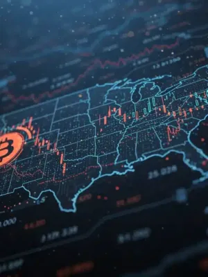 Representación visual de un hackeo masivo a exchanges de criptomonedas en Estados Unidos, con elementos digitales y gráficos de datos. La imagen evoca una amenaza económica global.