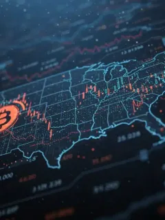 Representación visual de un hackeo masivo a exchanges de criptomonedas en Estados Unidos, con elementos digitales y gráficos de datos. La imagen evoca una amenaza económica global.