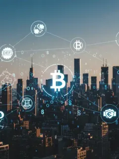 Paisaje urbano futurista con redes blockchain y símbolos financieros, ilustrando el crecimiento de criptomonedas en EE. UU.