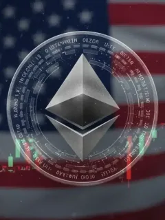 Logo de Ethereum con gráficos de rendimiento y elementos de la bandera de EE. UU.