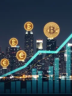 Panorama digital nocturno con símbolos de criptomonedas y gráficos ascendentes, representando el impacto de los ETF cripto en la liquidez del mercado.