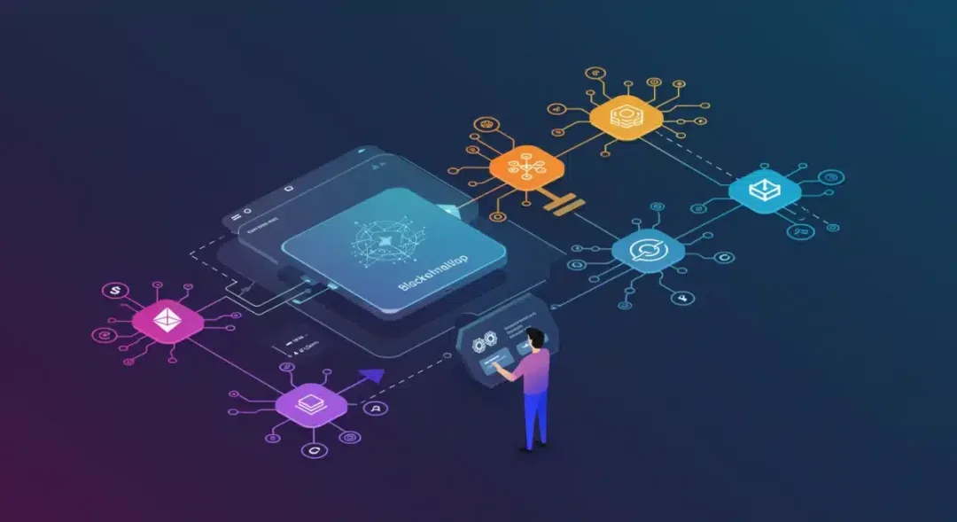 Gráfico de una aplicación descentralizada (dApp) interactuando con diversas blockchains para una experiencia de usuario fluida.