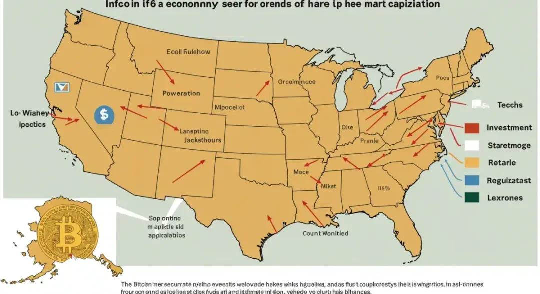Infografía que detalla cómo el crecimiento de Bitcoin ha influido en sectores clave de la economía estadounidense, incluyendo tecnología, finanzas y comercio.