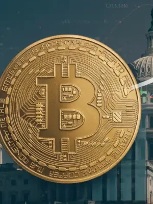 Gráfico digital mostrando el crecimiento de la capitalización de mercado de Bitcoin superando los $1.5 billones, con el Capitolio de EE. UU. de fondo, simbolizando su impacto económico.