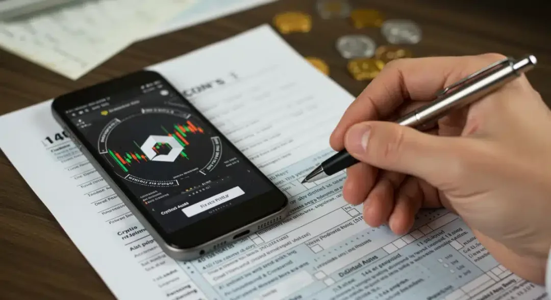 Mano rellenando formulario fiscal de activos digitales y criptomonedas.