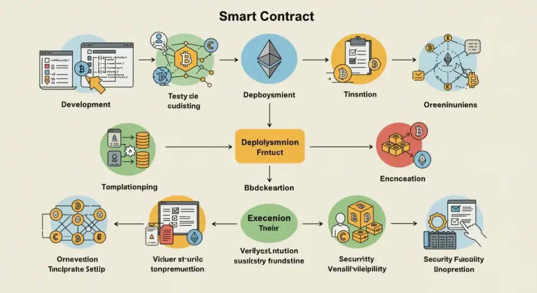 Diagrama de flujo del ciclo de vida de un contrato inteligente en Ethereum, desde el desarrollo hasta la auditoría.