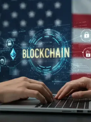 Desarrollador trabajando en código de contratos inteligentes de Ethereum con elementos visuales de blockchain y la bandera de EE. UU.