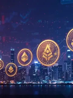 Paisaje urbano digital futurista con símbolos de criptomonedas, representando el crecimiento del mercado cripto post-regulaciones en EE. UU.