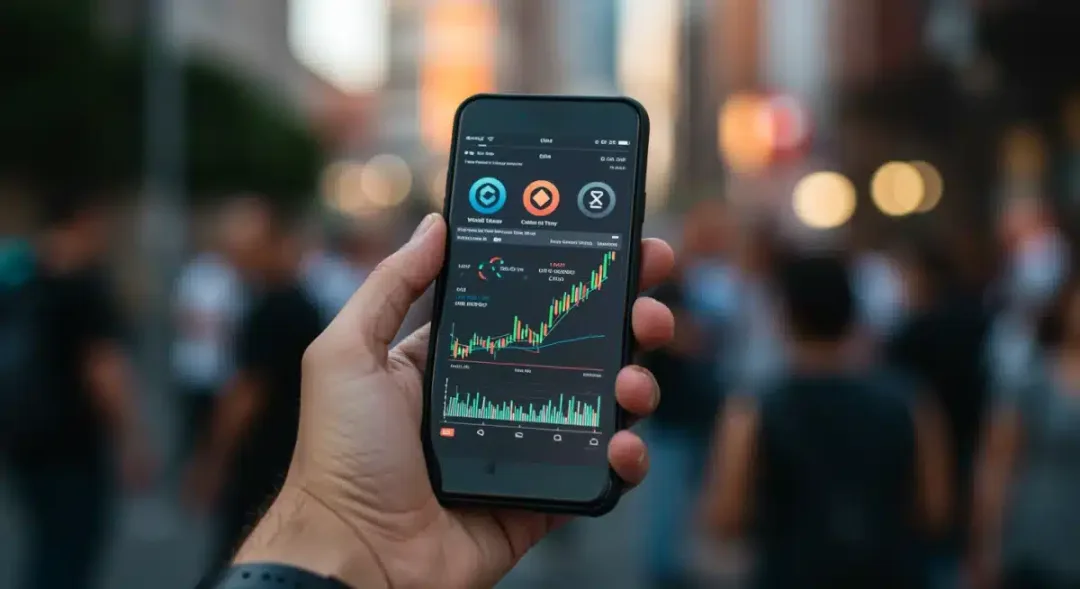 Persona utilizando una aplicación de criptomonedas en un teléfono inteligente.