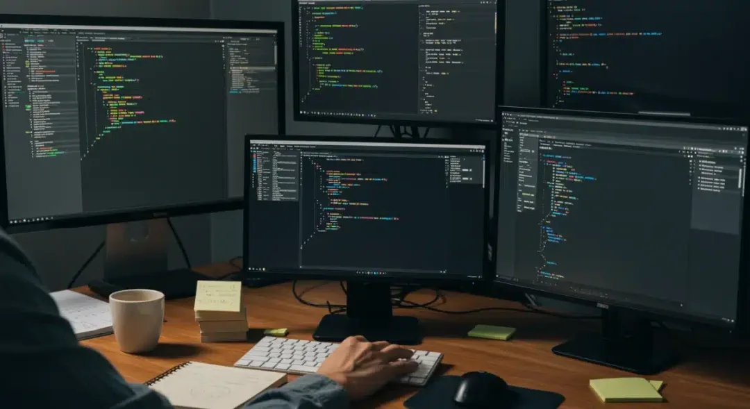 Escritorio de desarrollador con código de contratos inteligentes y entorno de desarrollo web para DApps.