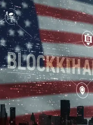 Interfaz digital futurista mostrando código blockchain y DApps en el mercado estadounidense de 2026.