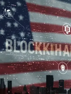 Interfaz digital futurista mostrando código blockchain y DApps en el mercado estadounidense de 2026.