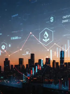 Paisaje digital futurista con gráficos de criptomonedas y símbolos de liquidez en EE. UU.