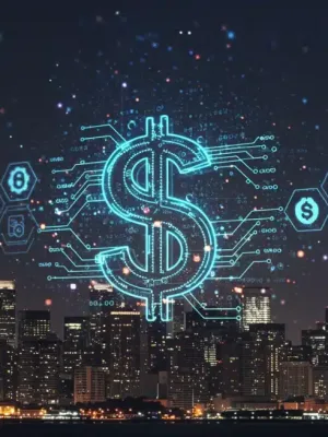 Representación digital del dólar estadounidense con elementos blockchain y un horizonte urbano, simbolizando la regulación de stablecoins en EE. UU.