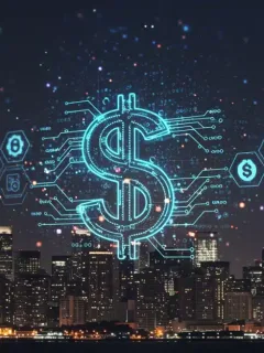 Representación digital del dólar estadounidense con elementos blockchain y un horizonte urbano, simbolizando la regulación de stablecoins en EE. UU.