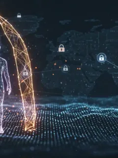 Paisaje digital futurista con nodos de blockchain protegiendo una identidad digital en Estados Unidos