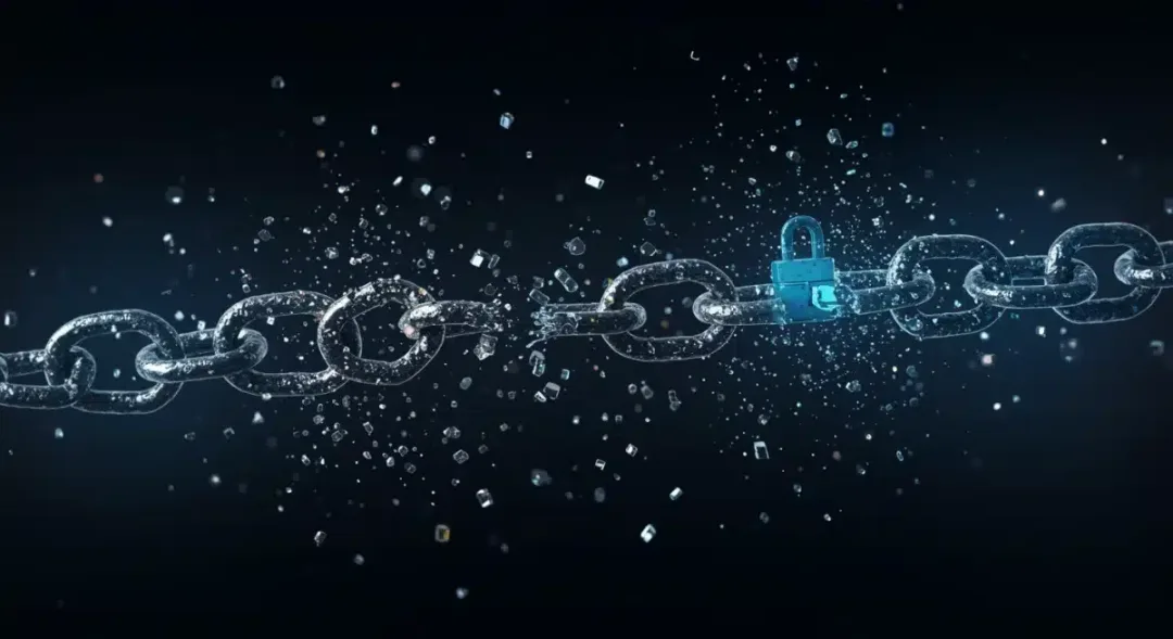 Visualización de ciberataques y fugas de datos, con cadenas rotas y datos dispersos, simbolizando incidentes cripto de 2025.