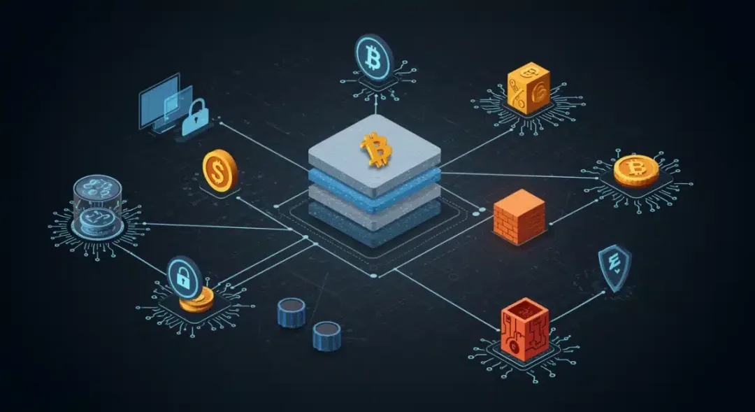 Diagrama de red complejo con capas de seguridad avanzadas, cortafuegos y símbolos criptográficos, mostrando infraestructura de ciberseguridad para exchanges.