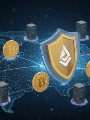 Escudo digital protegiendo logos de criptomonedas y servidores, representando la mejora de la ciberseguridad en exchanges de EE. UU.