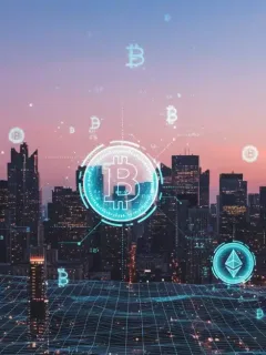 Paisaje urbano futurista con elementos criptográficos, simbolizando el futuro del mercado cripto en EE. UU. en 2026.