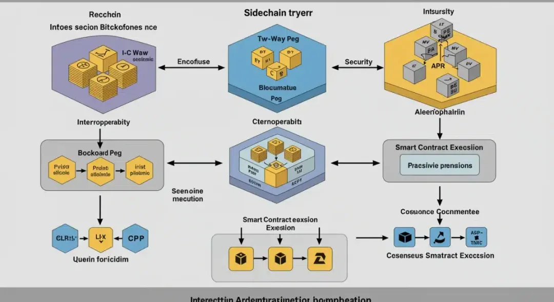 Diagrama técnico de una sidechain interactuando con una blockchain principal, mostrando mecanismos de consenso y contratos inteligentes para proyectos en EE. UU.