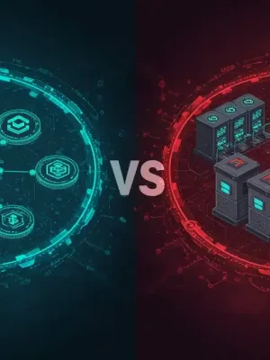 Comparativa visual de Proof of Stake (PoS) y Proof of Work (PoW) en una red blockchain segura para 2026.