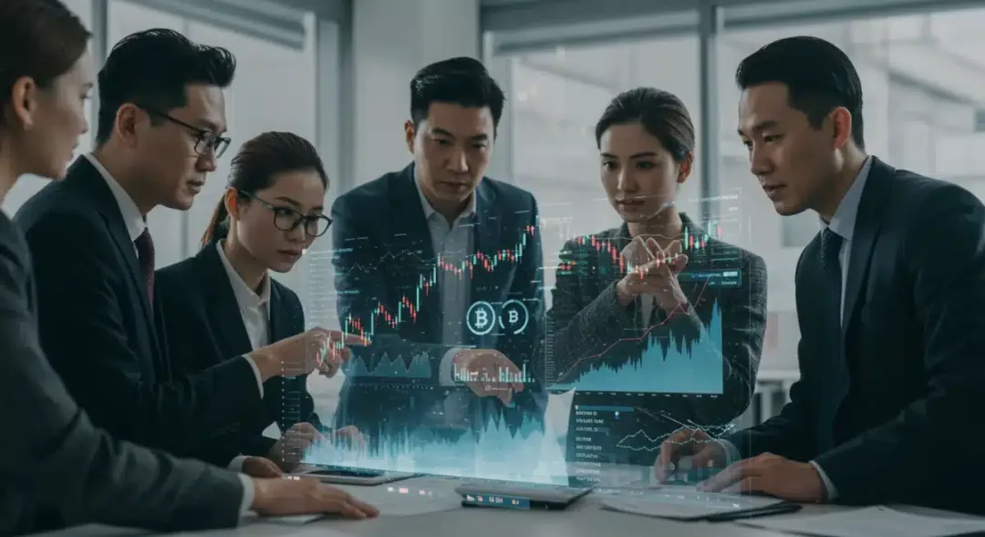 Inversores analizando tendencias de mercados tradicionales y cripto en una pantalla holográfica, reflejando cambios estratégicos.