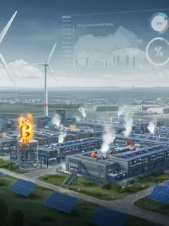 Granja de minería de criptomonedas en EE. UU. alimentada por energías renovables, simbolizando sostenibilidad energética.
