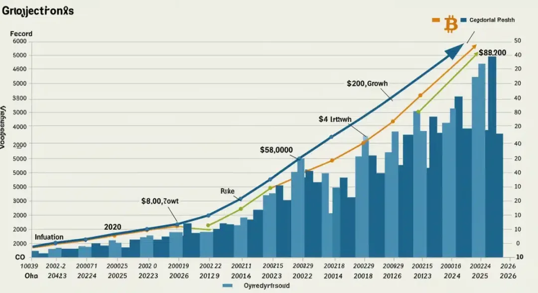 Gráfico de la tendencia alcista de Bitcoin con proyección a 80.000 USD en 2026, mostrando el impacto de indicadores económicos.